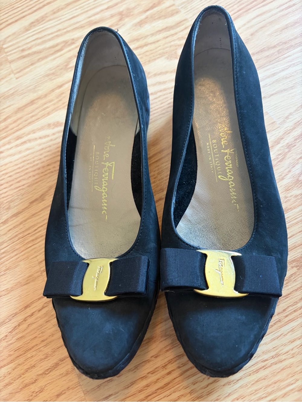 Salvatore Ferragamo Black Suede Bow Flats with Gold Plaque